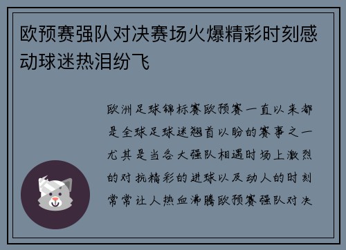 欧预赛强队对决赛场火爆精彩时刻感动球迷热泪纷飞