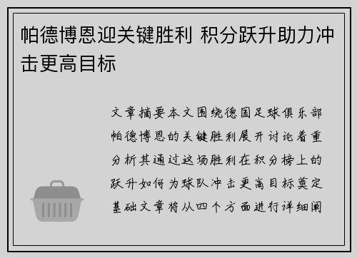 帕德博恩迎关键胜利 积分跃升助力冲击更高目标