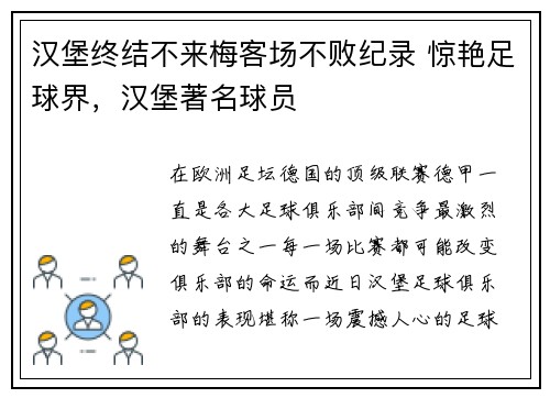 汉堡终结不来梅客场不败纪录 惊艳足球界，汉堡著名球员
