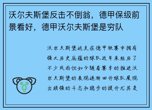 沃尔夫斯堡反击不倒翁，德甲保级前景看好，德甲沃尔夫斯堡是穷队