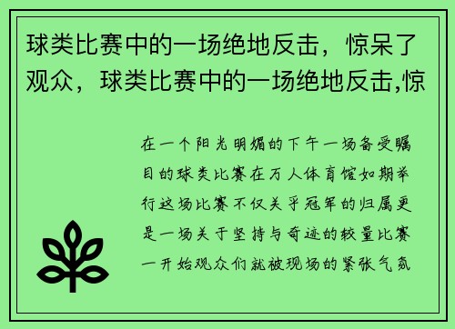 球类比赛中的一场绝地反击，惊呆了观众，球类比赛中的一场绝地反击,惊呆了观众