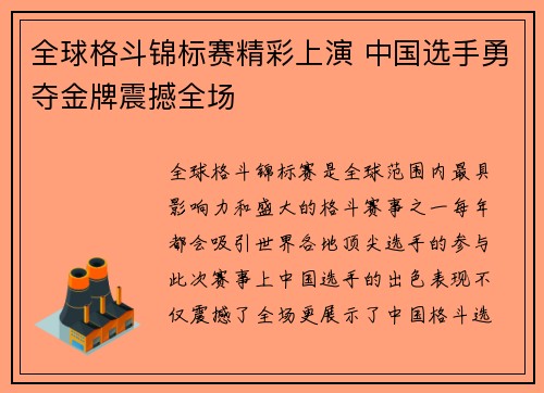 全球格斗锦标赛精彩上演 中国选手勇夺金牌震撼全场