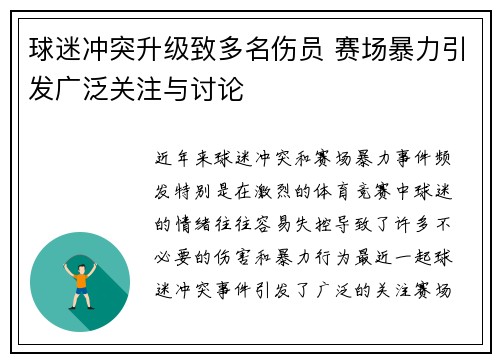 球迷冲突升级致多名伤员 赛场暴力引发广泛关注与讨论