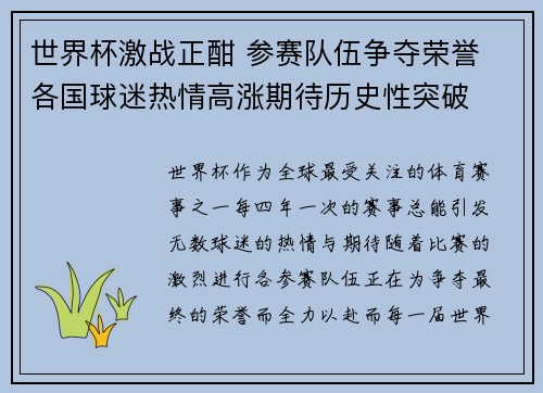 世界杯激战正酣 参赛队伍争夺荣誉 各国球迷热情高涨期待历史性突破