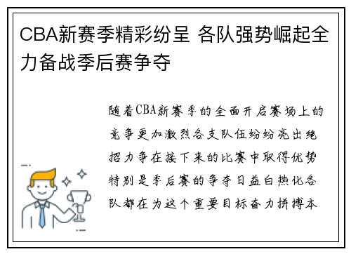 CBA新赛季精彩纷呈 各队强势崛起全力备战季后赛争夺