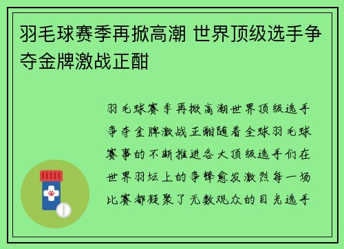 羽毛球赛季再掀高潮 世界顶级选手争夺金牌激战正酣
