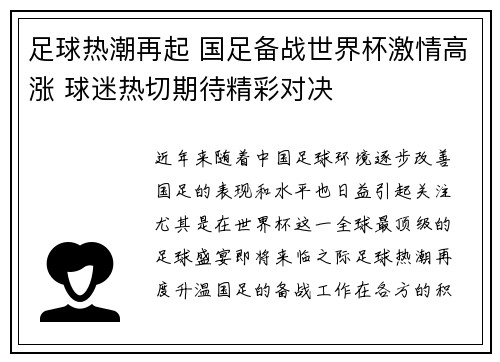 足球热潮再起 国足备战世界杯激情高涨 球迷热切期待精彩对决